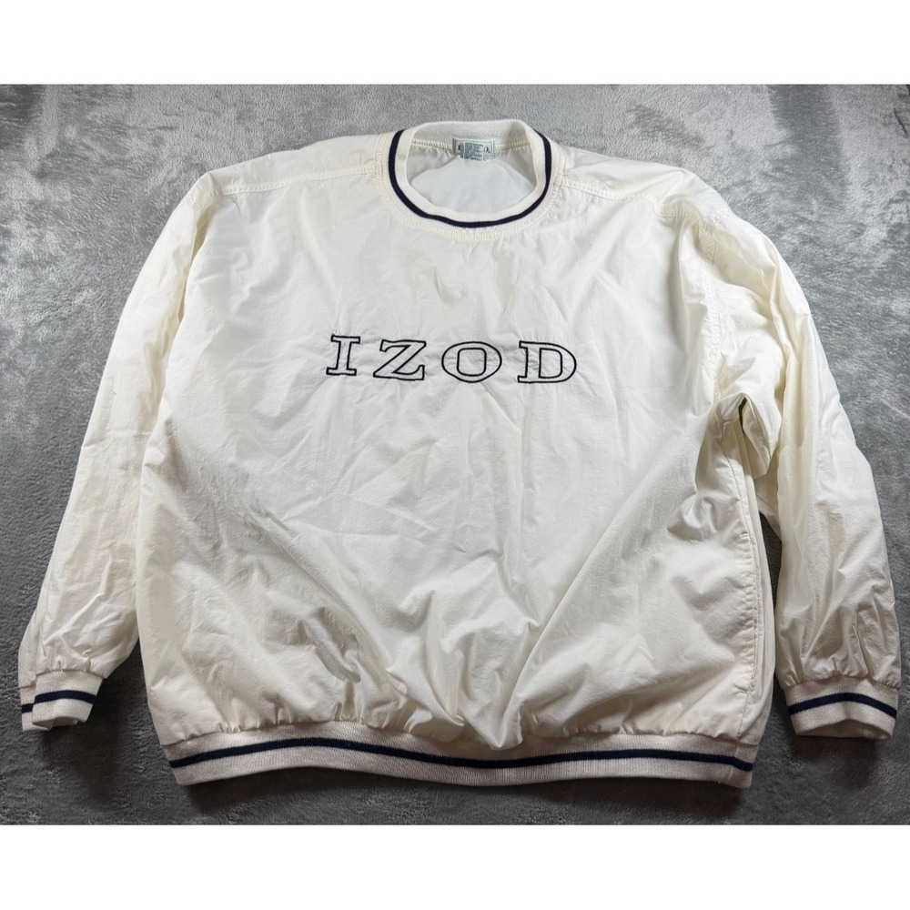 Vtg IZOD Nylon Pullover Windbreaker Jacket Men XL Cream Navy Spellout 80s 90s
